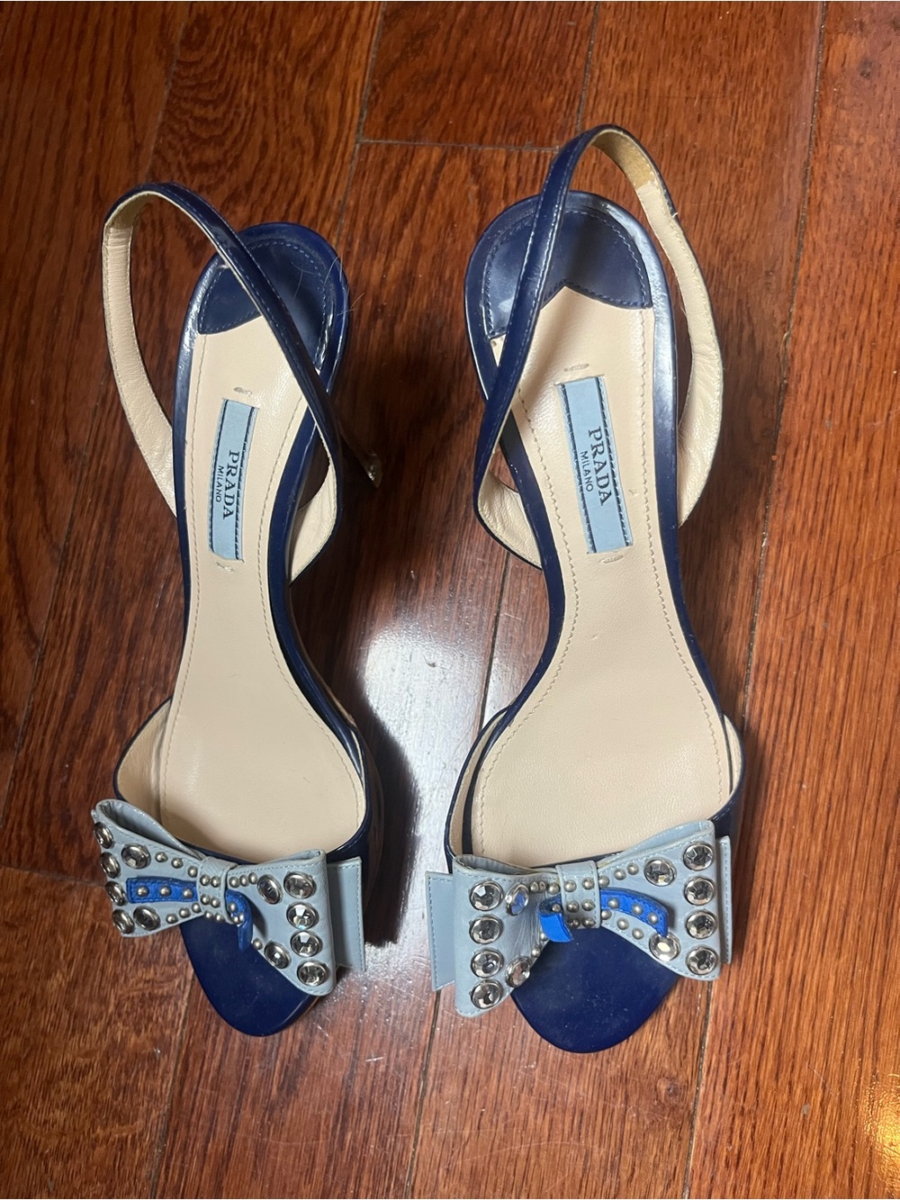 Prada Navy and Light Blue Studded Bow Slingback Heels